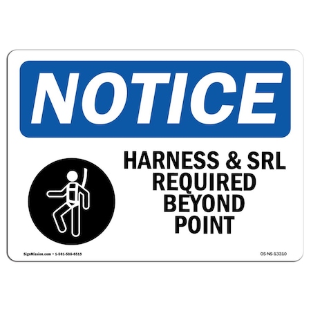 OSHA Notice Sign, Harness & SRL Required Beyond With Symbol, 18in X 12in Rigid Plastic